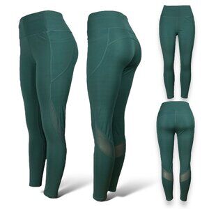 Women Yoga Pants High Waist Leggings with Pockets, Mesh, Gym, Fitness | Green